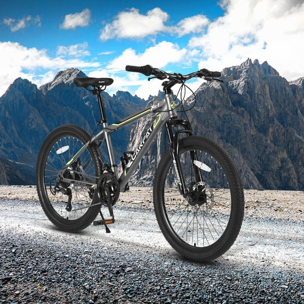 24 Inch Mountain Bike, Steel Frame, Shimano 21 Speed, Dual Disc Brakes, Front Suspension, Suitable for Boys and Girls