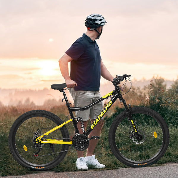 A26336 26 Inch Mountain Bike, Shimano 21 Speed, Dual Disc Brakes, High Carbon Steel Frame, Front Suspension, Black-Golden