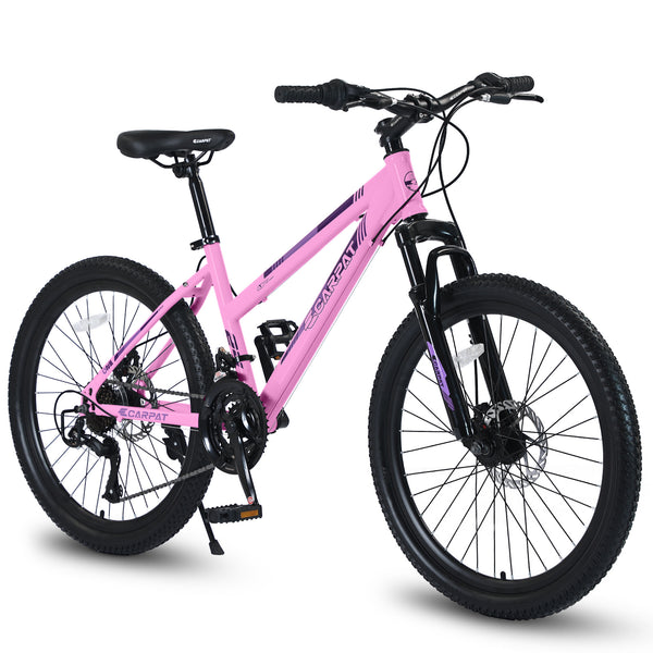 S24103 24 Inch Mountain Bike, Shimano 21 Speed, Dual Disc Brakes, 100mm Front Suspension, White-Pink, for Teenagers, Girls and Women