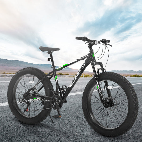 S26109 26 Inch Fat Tire Mountain Bike, 21 Speed, Dual Disc Brakes, High Carbon Steel Frame, Front Suspension, Black-Green
